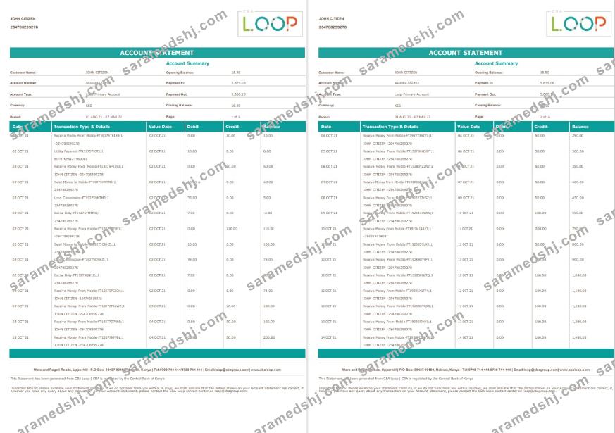 Kenya CBA Loop bank statement 6 pages